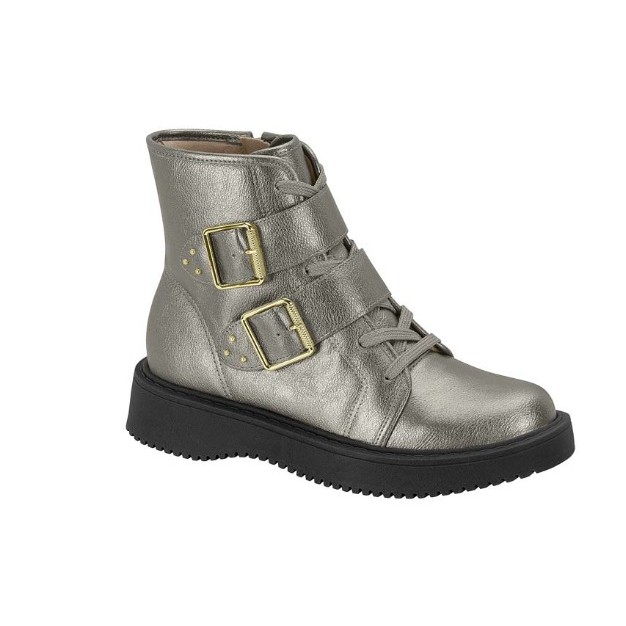 Bota Coturno Moleca Prata Velho Detalhes Dourados e Fivelas Solado Tratorado Design Moderno e Confortável para Estilo
