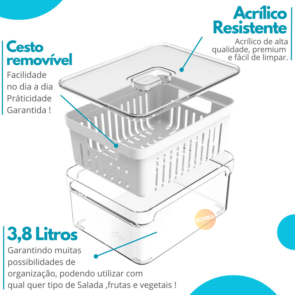 Organizador de Geladeira 3,8 Litros Cesto Com Tampa Alimentos Verduras Potes de Salada Premium · foto 2