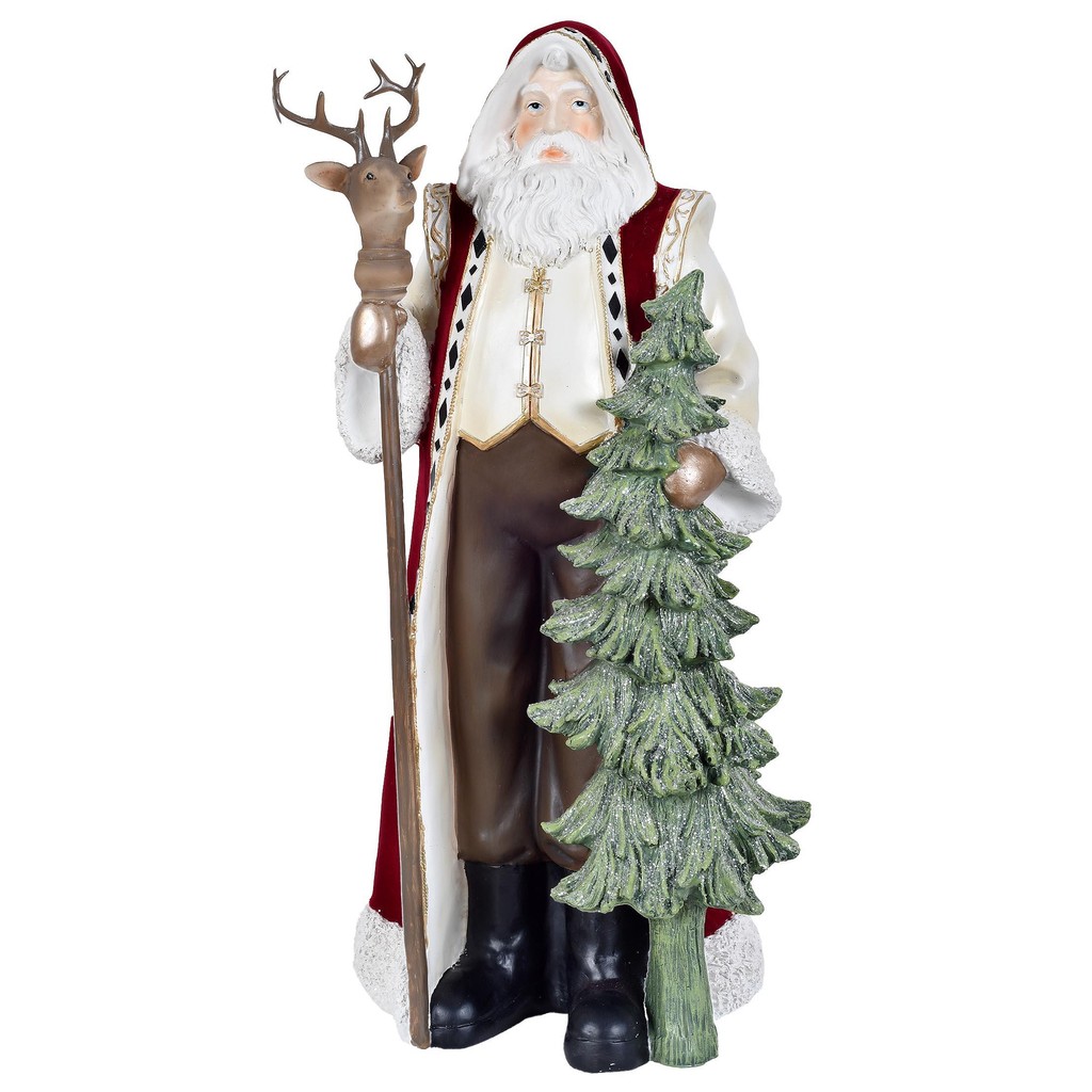 ESCULTURA PAPAI NOEL COM CAJADO DE RENA E ARVORE VERDE 50CM