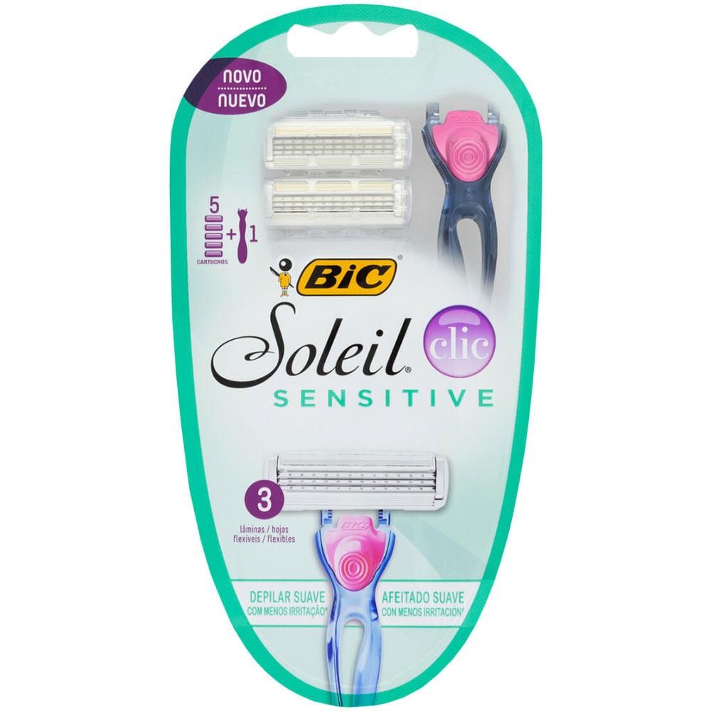 Aparelho+Lamina Bic Soleil Clic c/1 Aparelho + 5 Cartuchos Sensitive em Oferta na Shopee