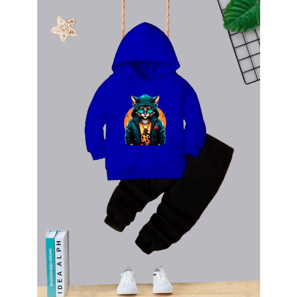 Kit Blusa de Frio + Calça Conjunto de Moletom Flanelado Infantil Kids Tens Juvenil Gato Mala Com Bolso e Capuz