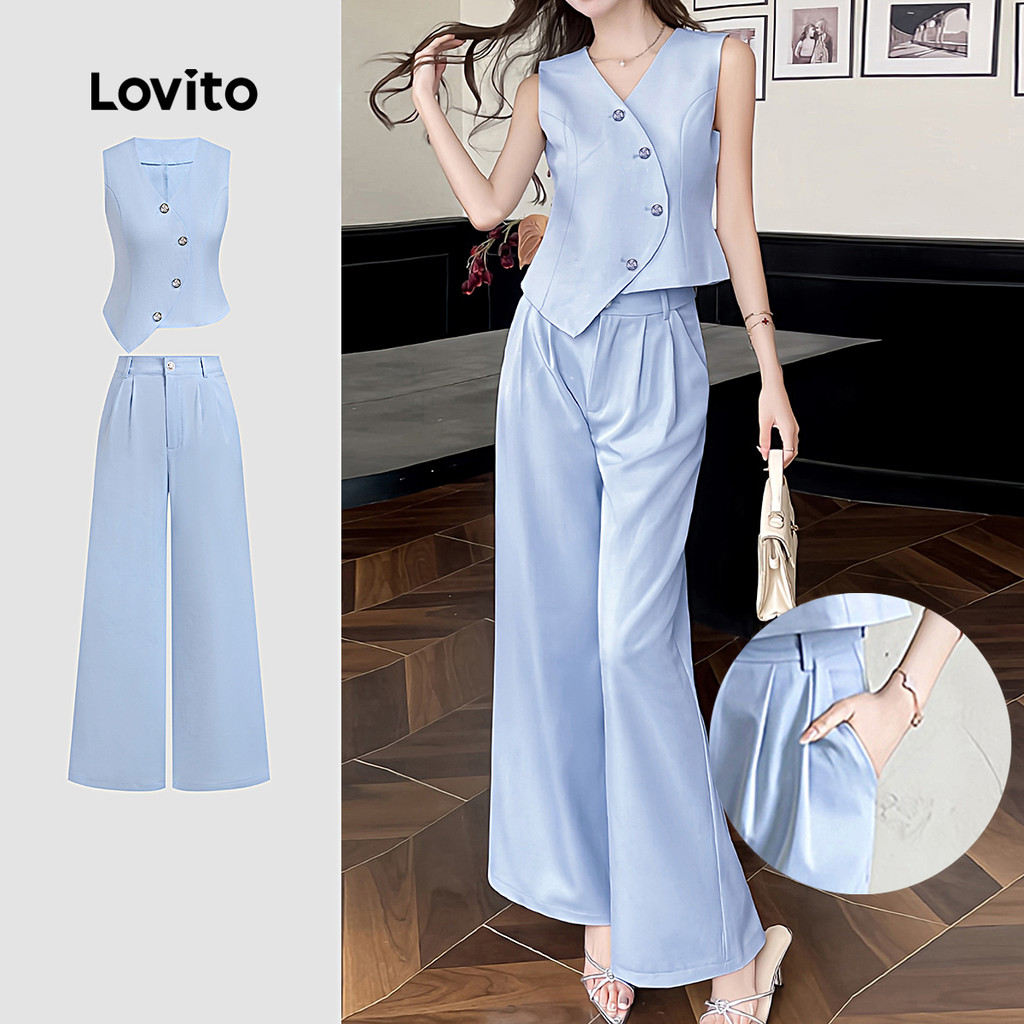 Lovito Conjuntos de Calças Elegantes com Botões Assimétricos Calças Azul Claro para primavera/verão L137ED302