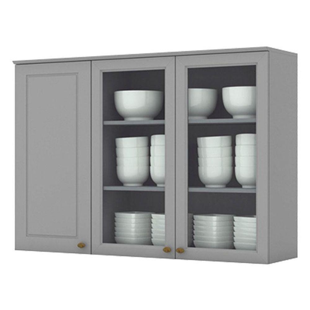 Armário Aéreo 3 Portas Com Vidro 120 Cm Americana Cinza – Henn