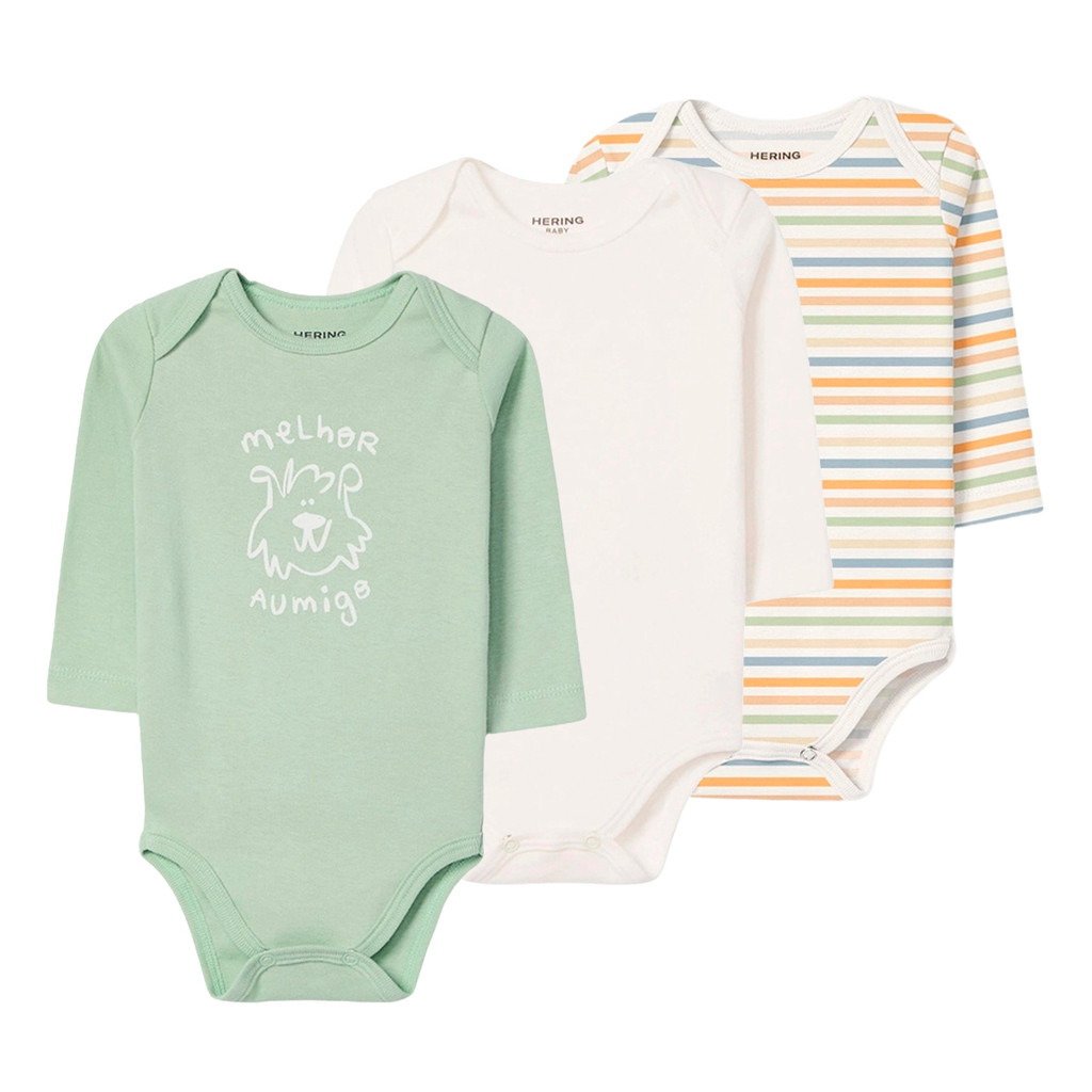 Kit com 3 Bodies Hering Multicolorido Bebê Manga Longa Em Ribana