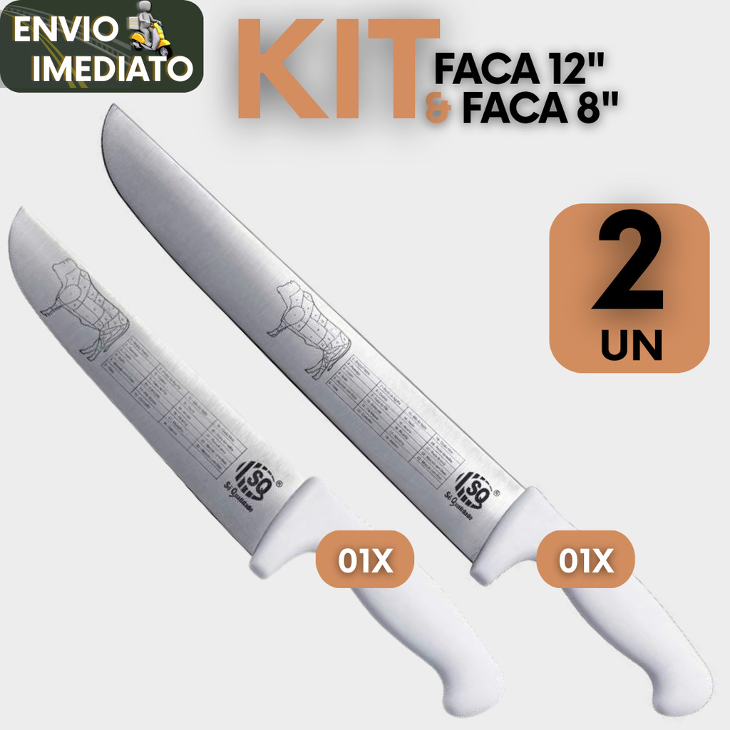 Imagem Kit 2 Peças Faca Profissional Açougueiro Churrasqueiro 8"12" em Aço Inox Açougueiro Churrascaria