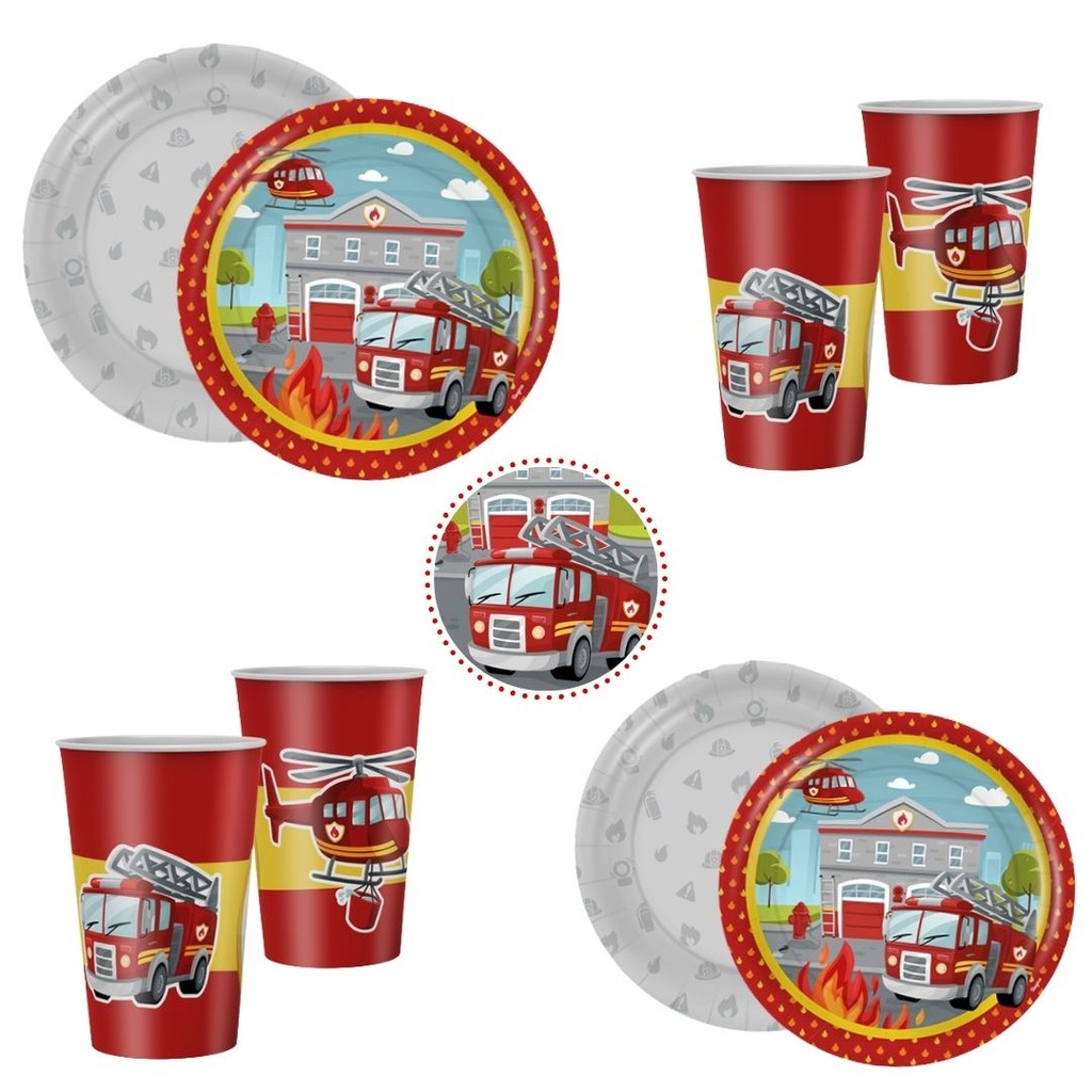 KIT FESTA BOMBEIRO 8 PRATOS + 8 COPOS DESCARTÁVEL 180 ML PAPEL - REGINA