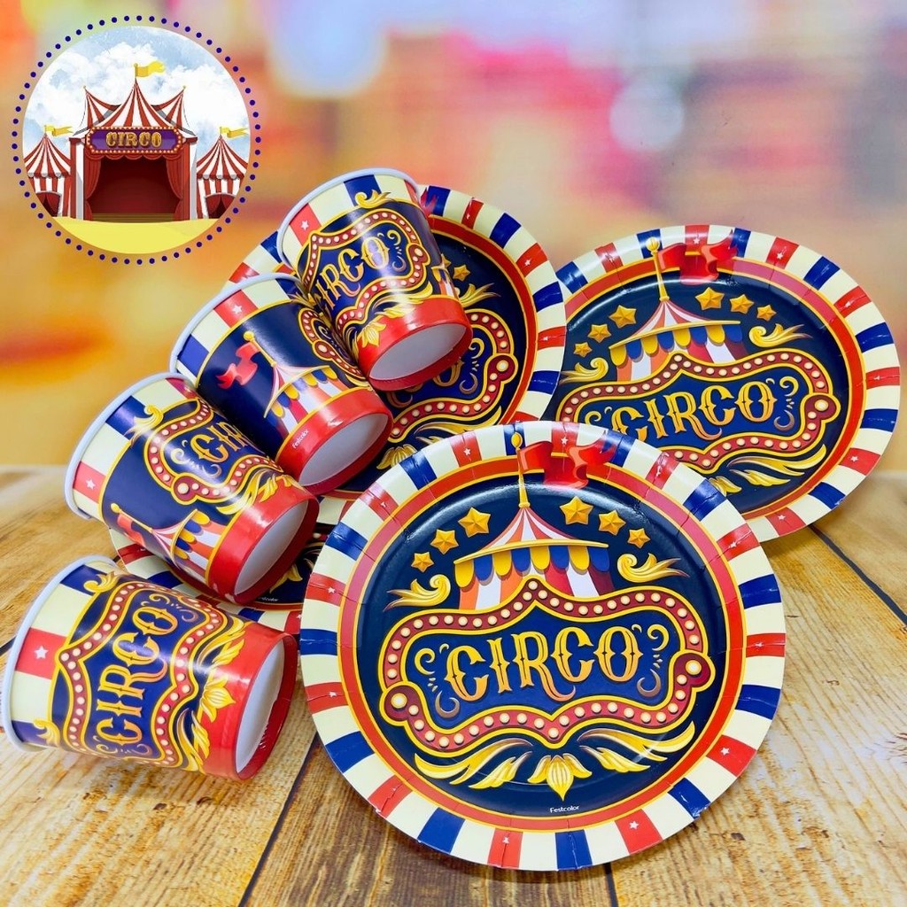 KIT FESTA CIRCO 16 PRATOS + 16 COPOS DESCARTÁVEL 200 ML PAPEL - FESTCOLOR em Oferta na Shopee
