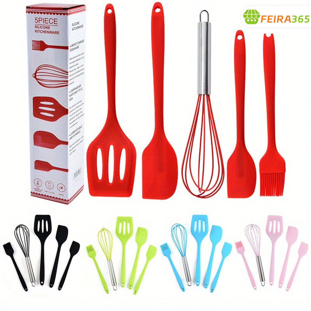 Um conjunto de utensílios de cozinha de Silicone 5s-colher, raspador, faca e escova