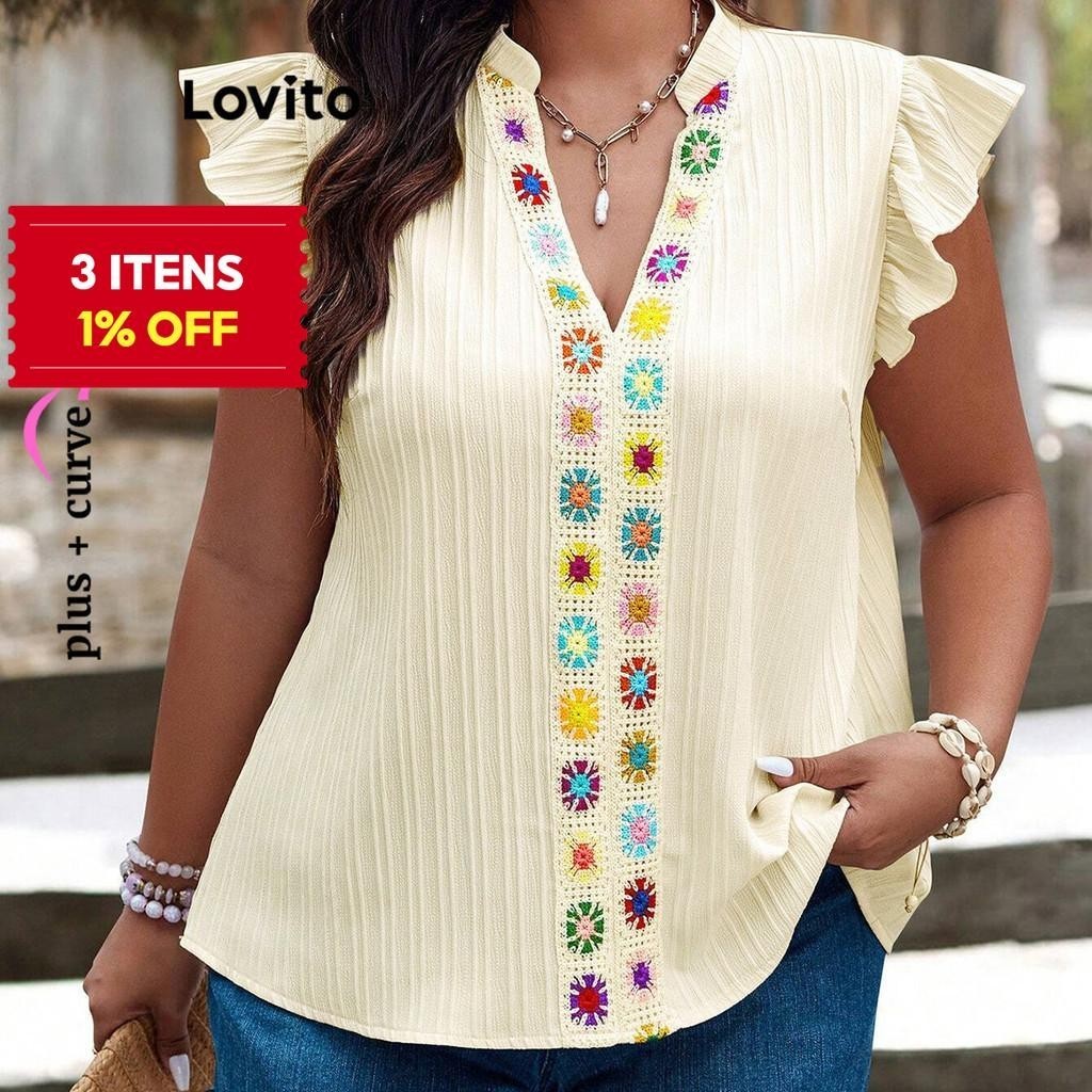 (Trendy) Lovito Blusa Plus Size Casual com Padrão Simples e Babados para Mulheres LBL19054 - Women Clothes