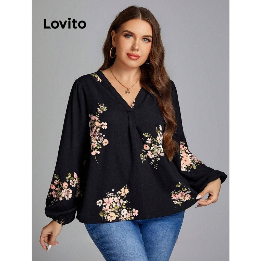 (Trendy) Lovito Blusa Curva Plus Size Blusa Casual Floral Flores Para Mulheres LNL65399 - Women Clothes
