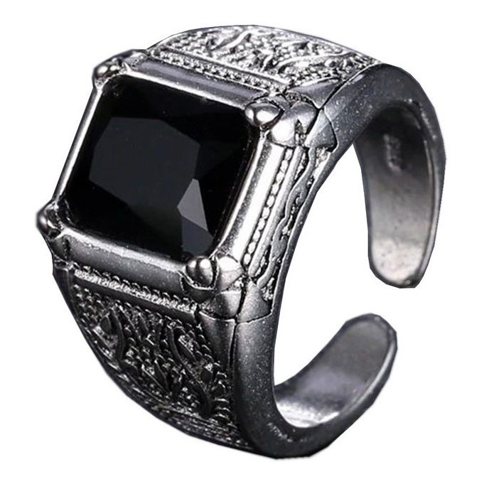 Anel Masculino Ágata Preta Ajustável revestido de Prata 925  Promoção trabalhado com Pedra ONIX Comendador Namorado
