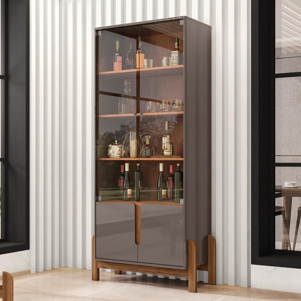 Cristaleira Retrô Cherie Pérola Cedro 4 Portas de Vidro