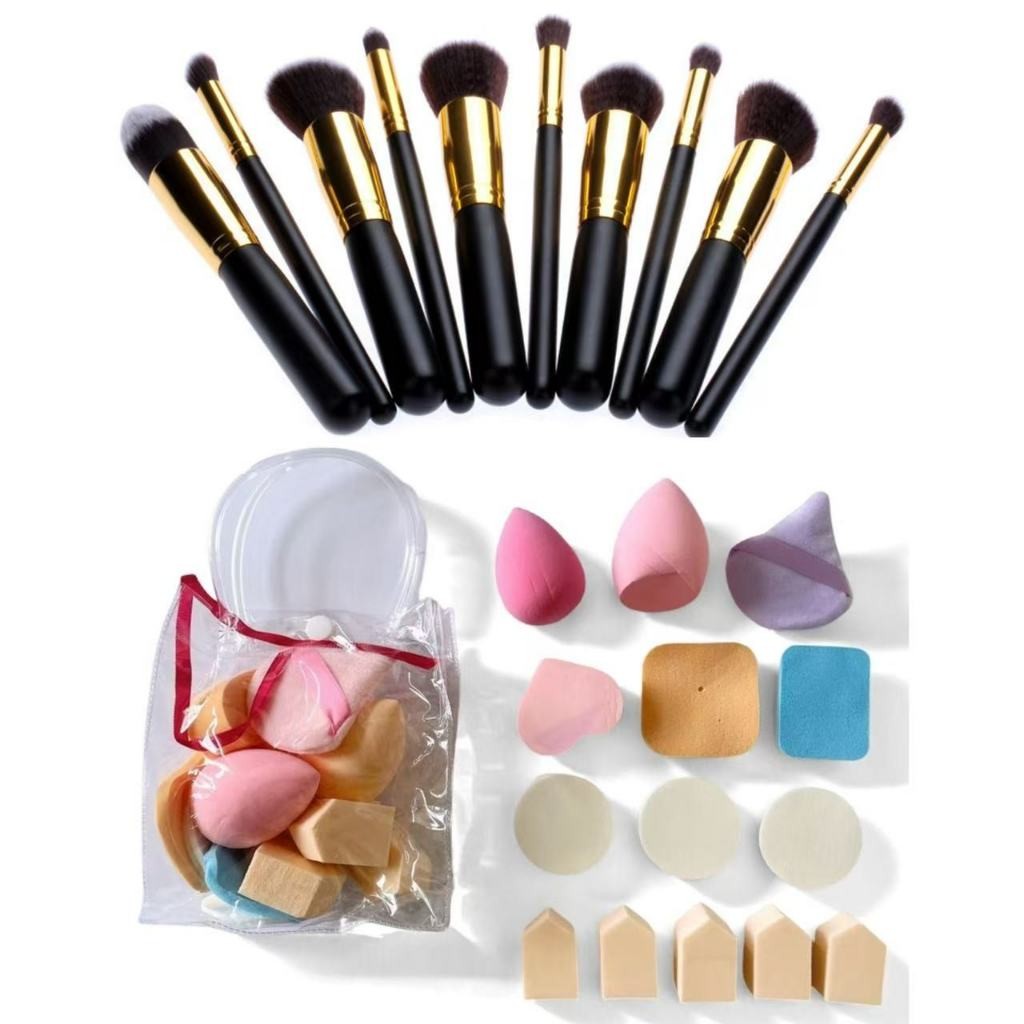 Kit 10 Pinceis+14 Pçs Esponjas Diversas Para Maquiagens/Pó Contorno Base e Blush Kit Completo