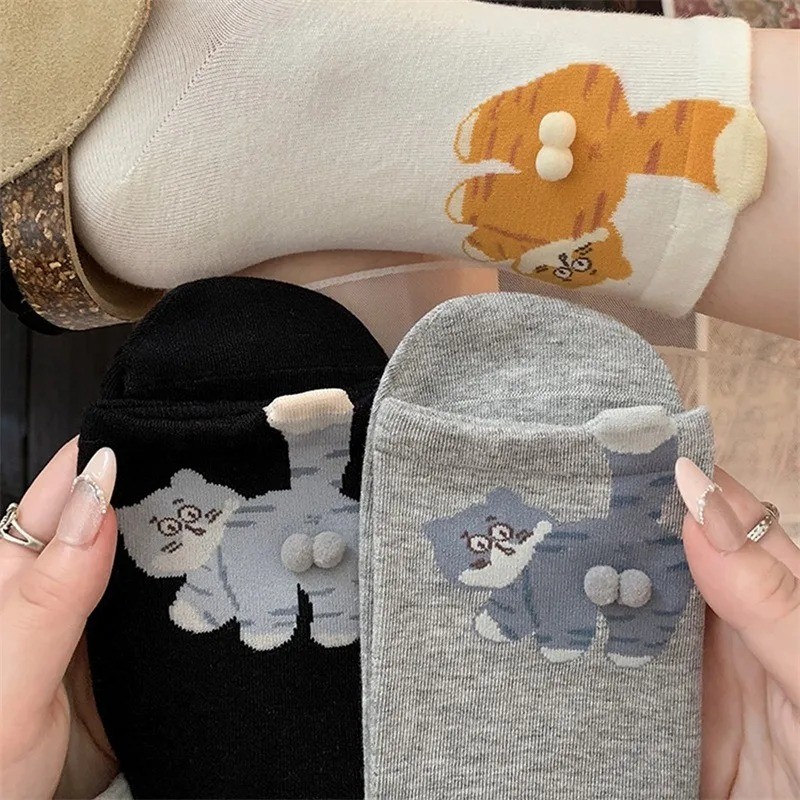 Feminino Branco Dos Desenhos Animados Gato Bola Meias Femininas Verão Ins Algodão Bonito Animal Engraçado Esportes Meado