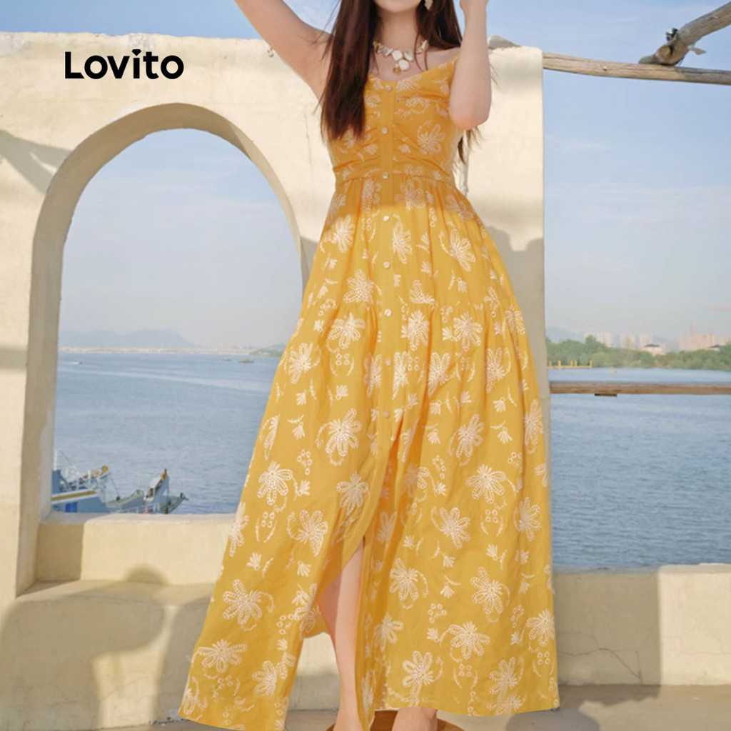 Detalhes do Lovito Vestido Boho com Estampa de Botões Frente Primavera/verão Amarelo L141ED012