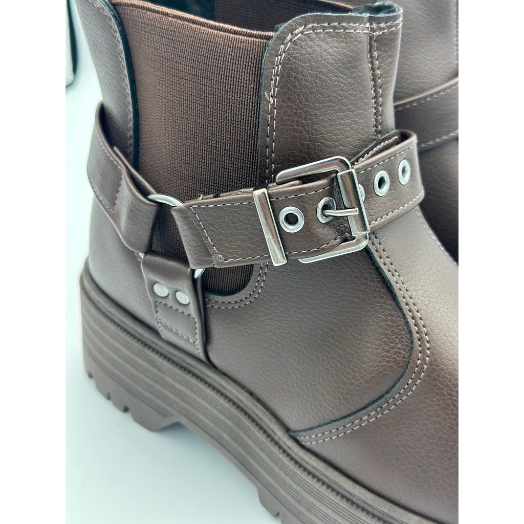 Coturno Tratorado Marrom Feminino Elegante Moleca com Fivela Lateral e Elastico Plataforma Salto Confortável Leve Estilo