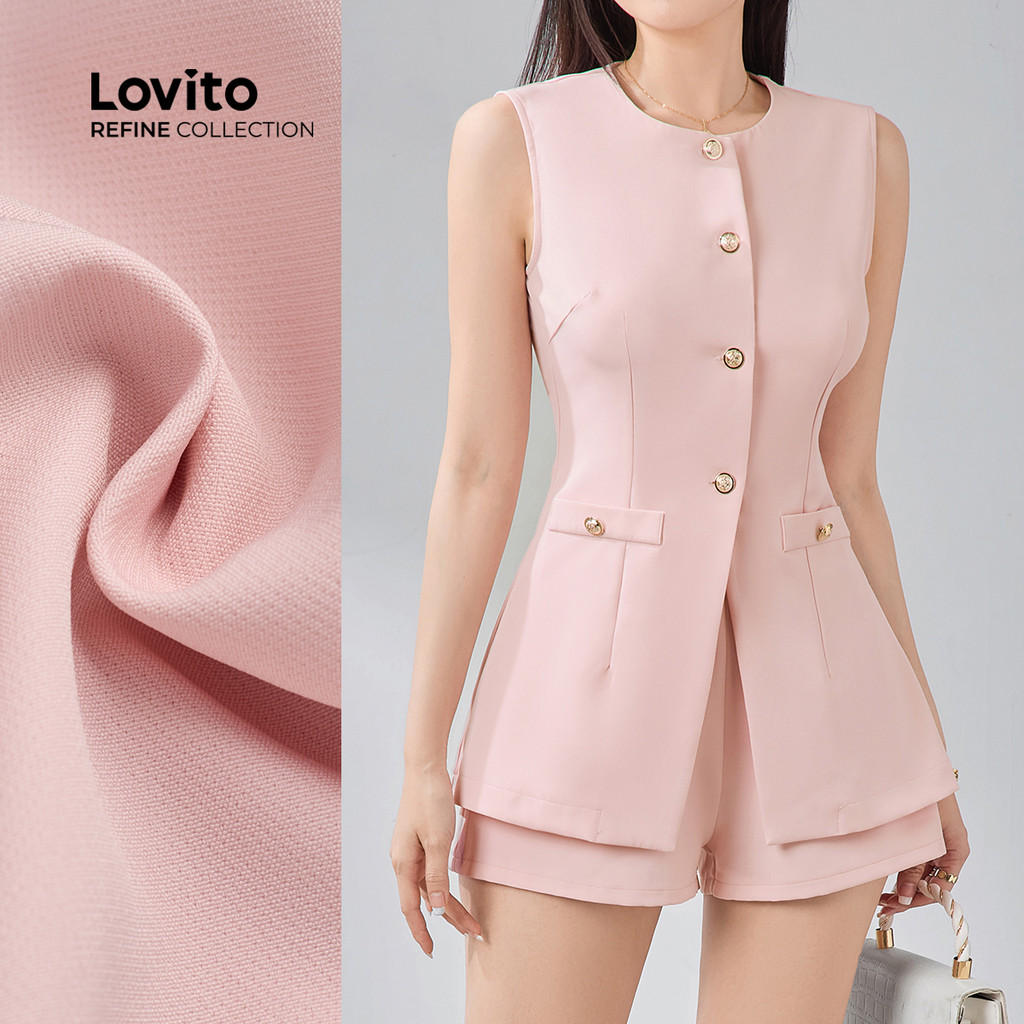 (NEW) (Lovito Refine) Conjuntos com Botão  Bolso Falso  Primavera/verão  Blusa Rosa e Shorts LR13E213 em Oferta na Shopee