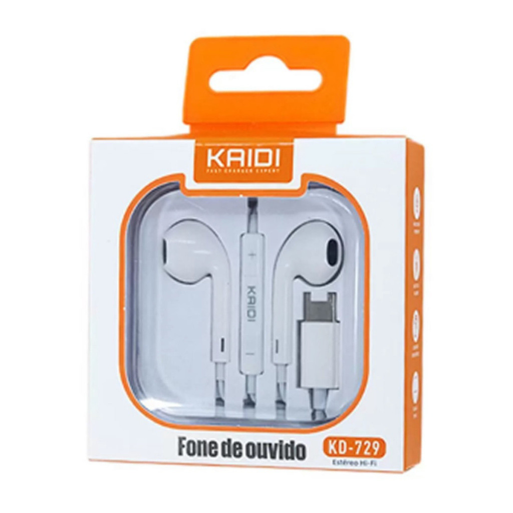 Fone De Ouvido Tipo C Intra Auricular Estéreo Celular Kaidi KD-729 /738  Controle Volume