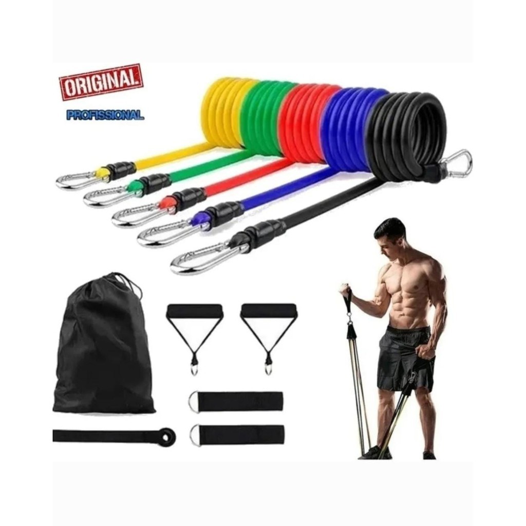 Kit Elástico Extensor 11 Peças Treinamento Pilates Fitness Funcional CrossFit