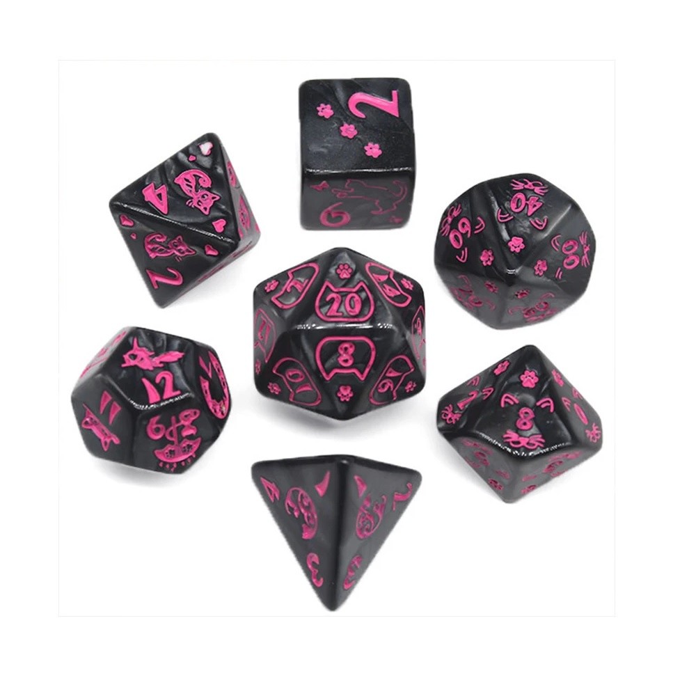 KIT 7 DADOS RPG DE MESA PAPEL PRETO GATO ROSA GATINHOS D4 D6 D8 D10 D12 D20 D100 D% COMPATIVEL D&D TORMENTA