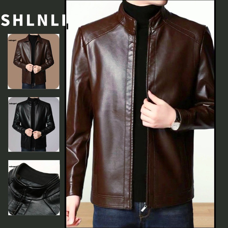 Primavera E Outono Masculino Couro Do Plutônio Casual Gola Alta Jaqueta Americana Grossa De Manga Comprida