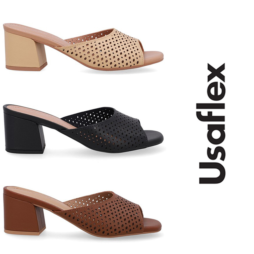 Tamanco Salto Bloco Couro Detalhe Laser Usaflex em Oferta na Shopee