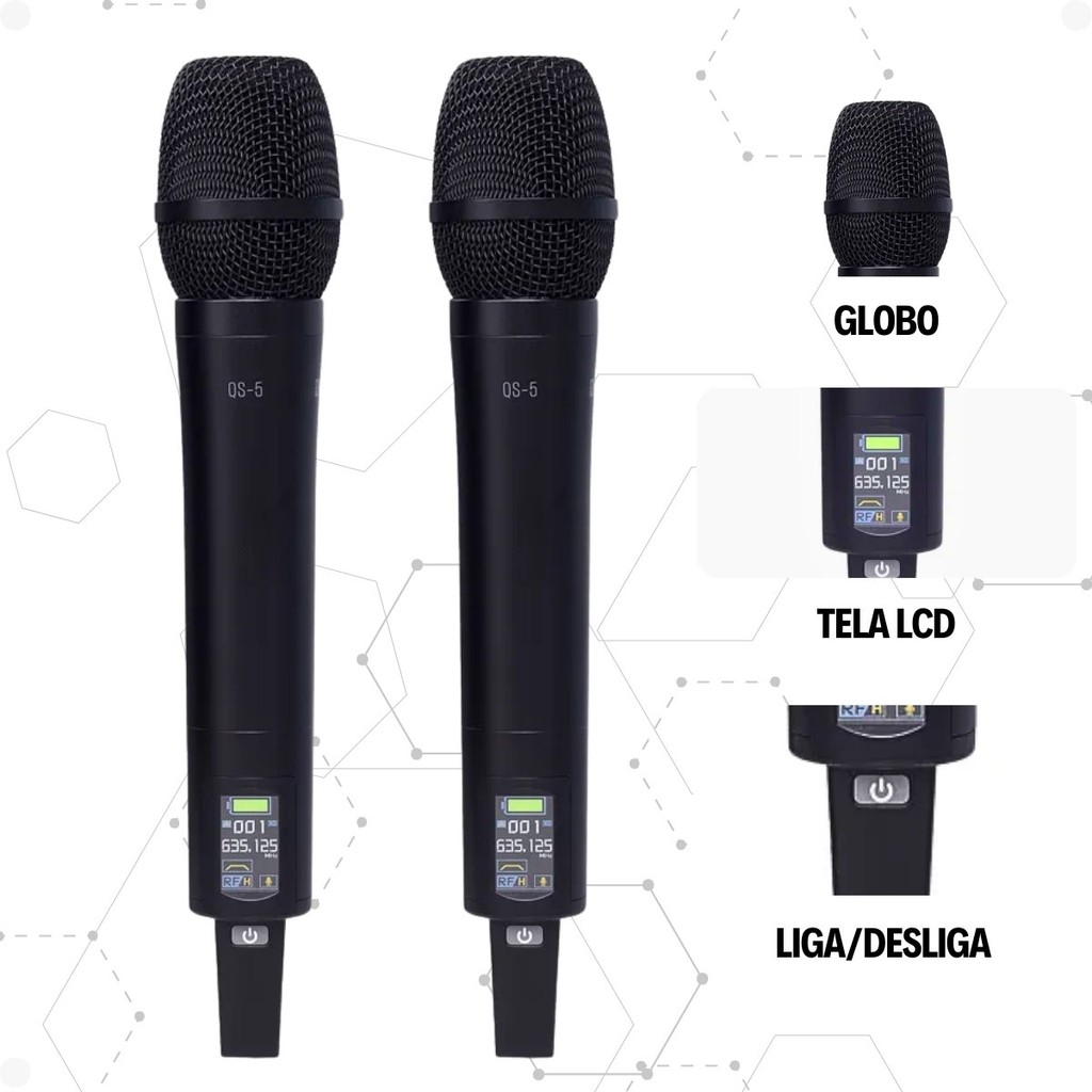 Detalhes do Microfone Sem Fio Duplo Dylan Qs 5 Bateria Recarregável