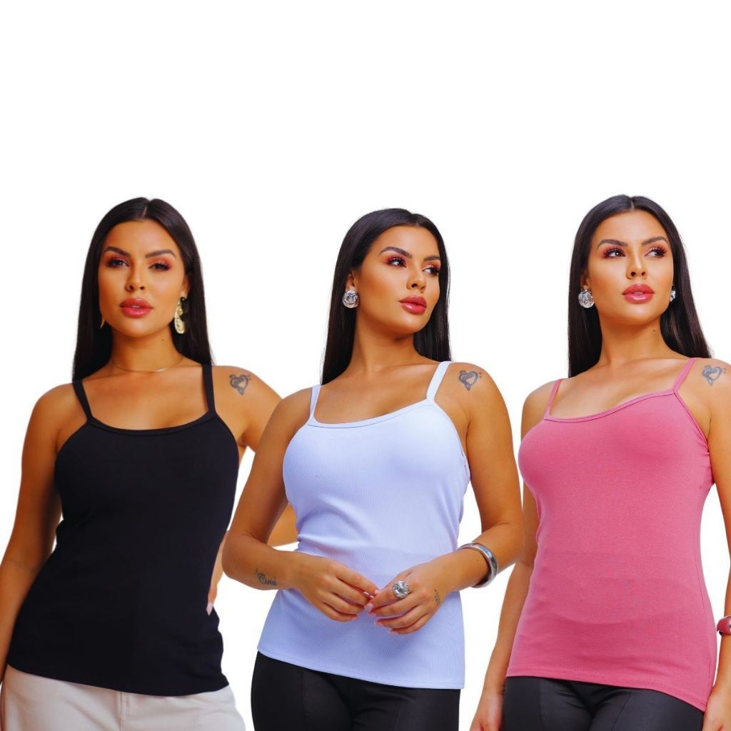 Kit 3 Unidades Blusinhas Regatas De Alcinha Fina Lisa em Oferta na Shopee