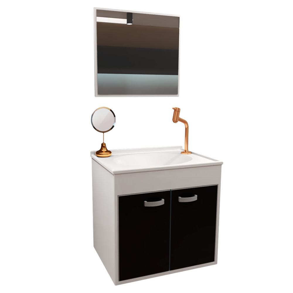 Gabinete Armário Pia Para Banheiro Completo Udine Preto + Cuba e Espelho 45 cm Completo