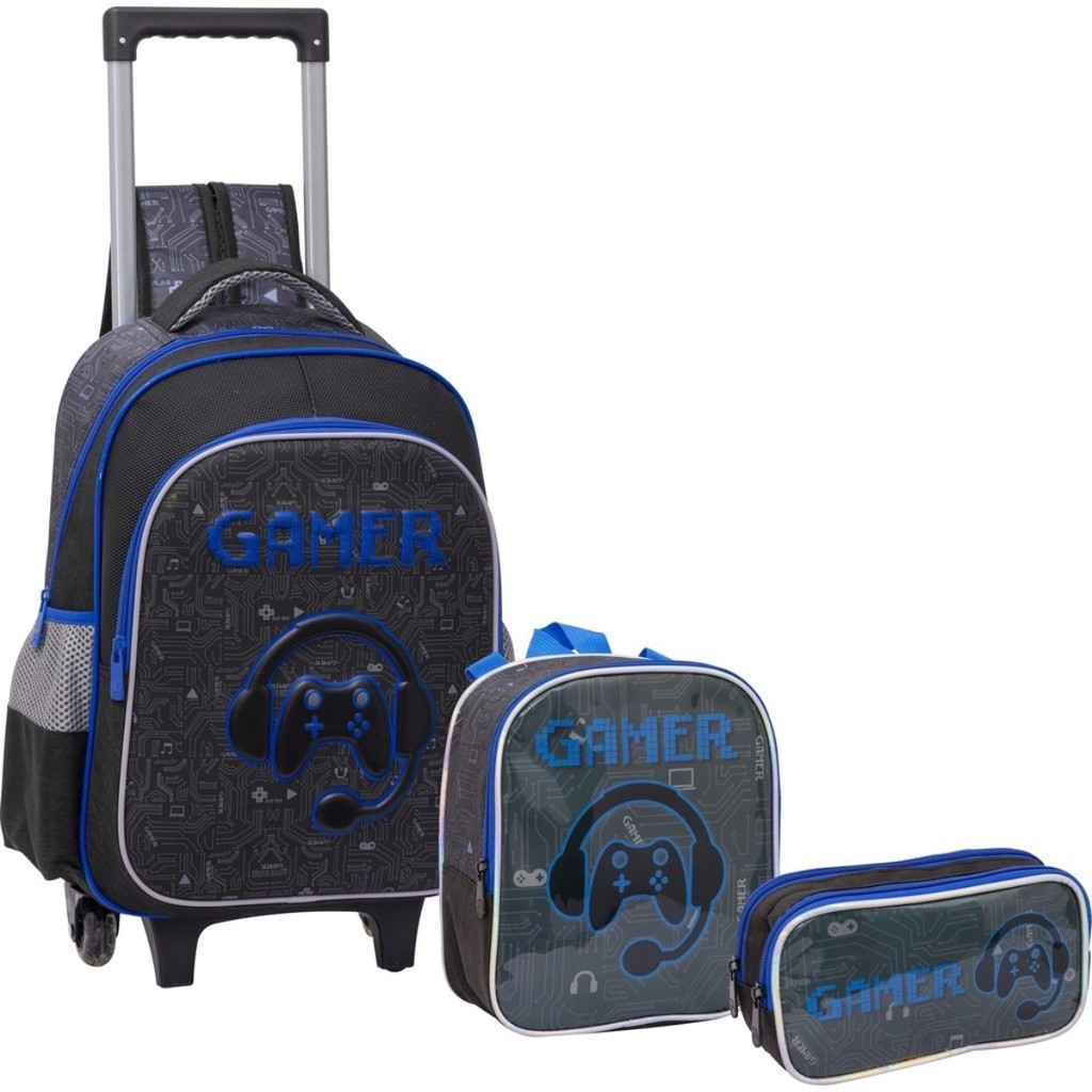 Kit Mochila Rodinhas Gamer Jogo Lancheira e Estojo Azul Yepp em Oferta na Shopee