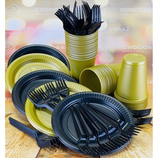 Kit Festa 50 PESSOAS DESCARTAVEIS PRETO E DOURADO GARFO + PRATO + COPO em Oferta na Shopee