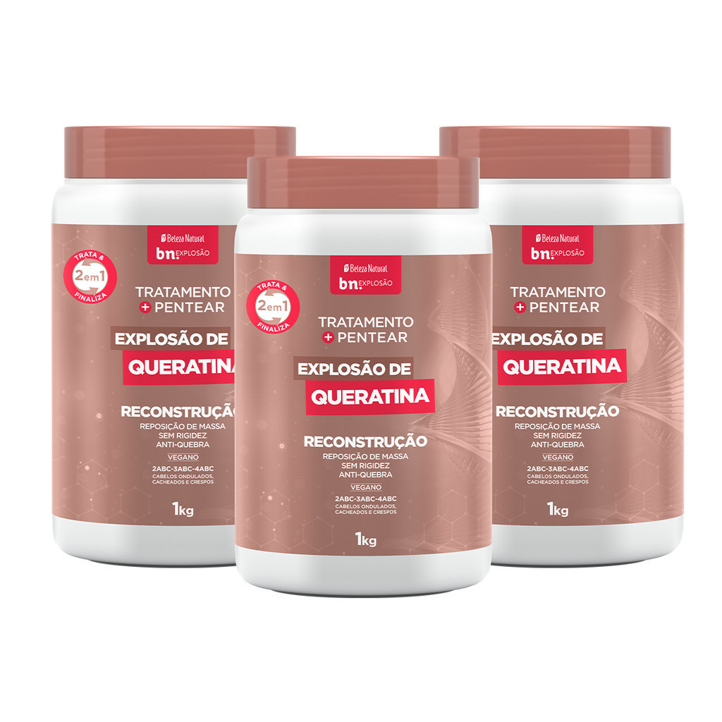 Kit 3x Tratamento e Pentear Explosão de Queratina 2 em 1 1Kg | Beleza Natural bn.Explosão em Oferta na Shopee