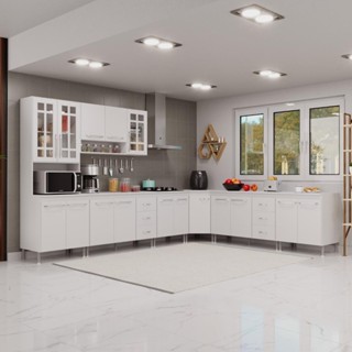 Cozinha Modulada Completa Fidelitá Viena 7 Peças 600cm 16 Portas 6 Gavetas Com Tampo Branc...