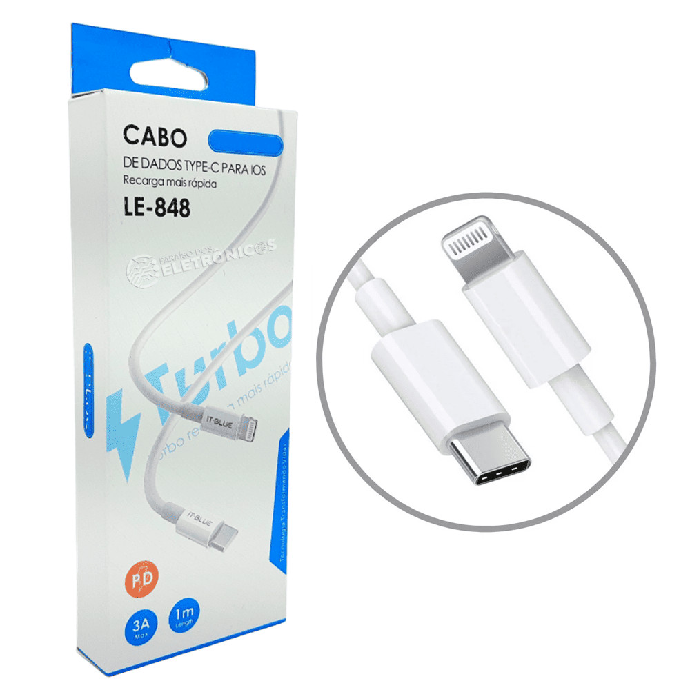 Cabo de Dados Lightning x USB-C Turbo Rápido Cabo 1 Metro Resistente LE848