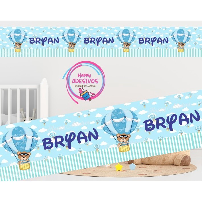 Faixa Adesiva Decorativa Parede Quarto Infantil Menino Urso Baloeiro Ursinho no Balão Nuvem Azul DCM