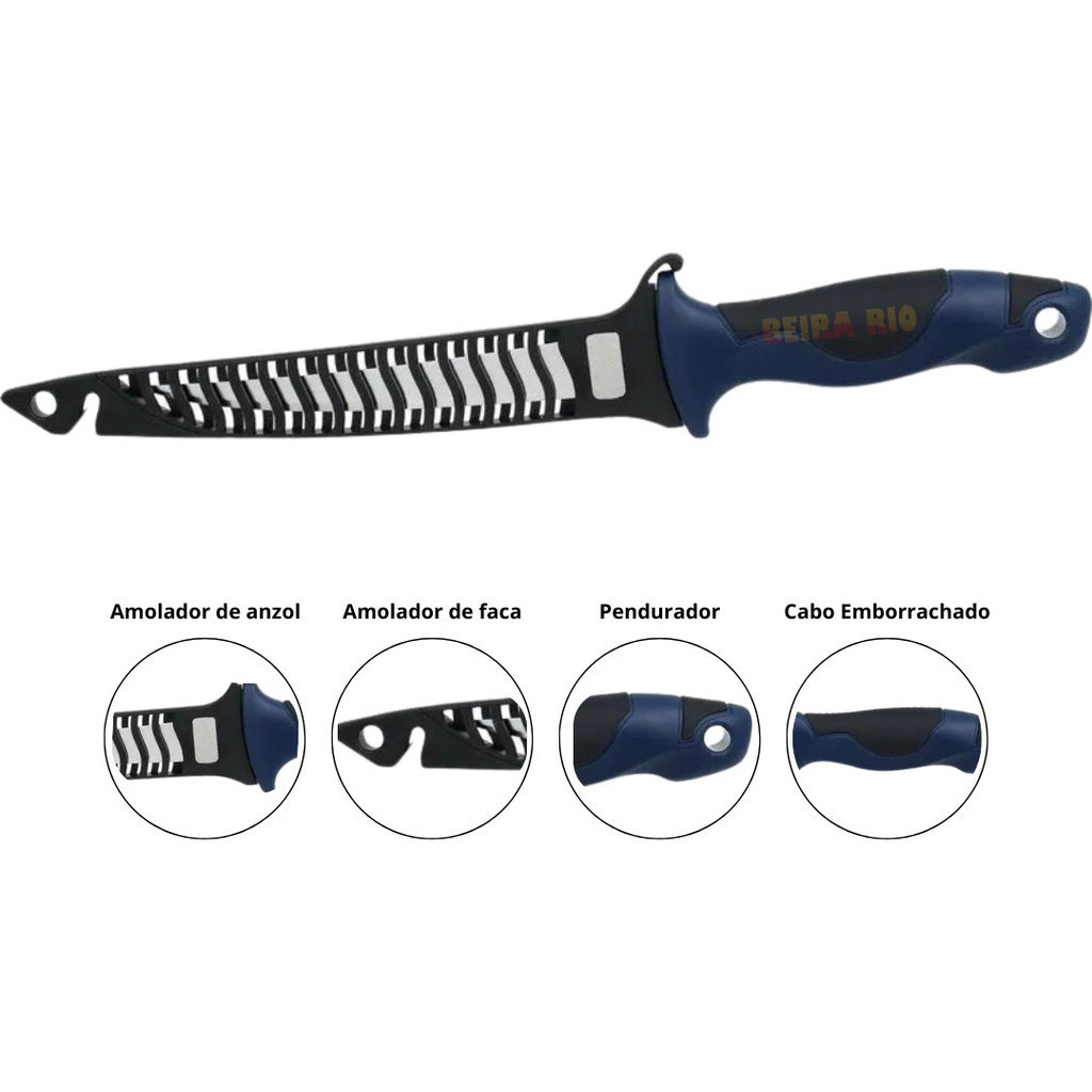 Faca De Filetar Kala 6'' Com Bainha Amolador E Afiador Azul
