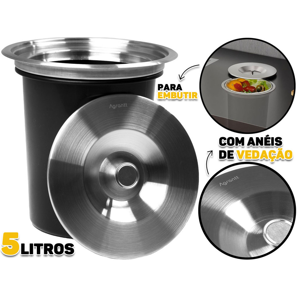 Lixeira De Embutir  5 Litros Para Pia Bancada Cozinha Granito Aço Inox Escovado 304 Agrantt em Oferta na Shopee
