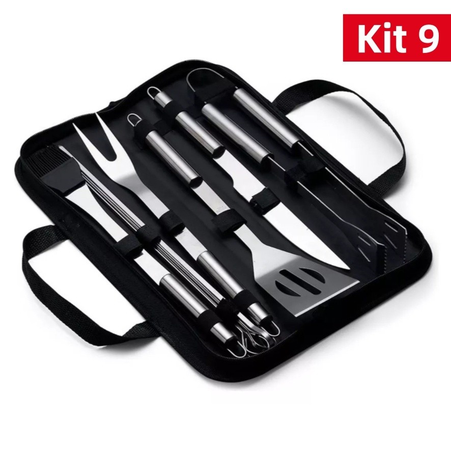 Kit Completo de Churrasco Profissional: 9 Peças em Aço Inoxidável para Mestres da Brasa