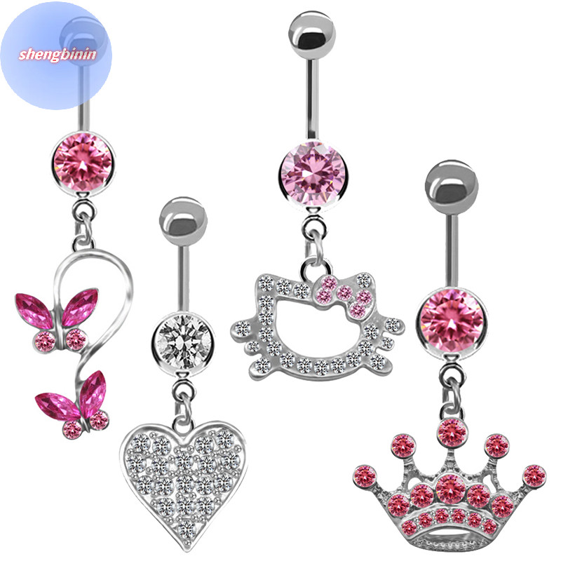 BINYIN Anel De Botão De Barriga Para Mulheres Desenho De Gato Fofo De Borboleta Rosa Da Tendência Sexy Fashion Navel Rings Jóias De Aço Inoxidável BR