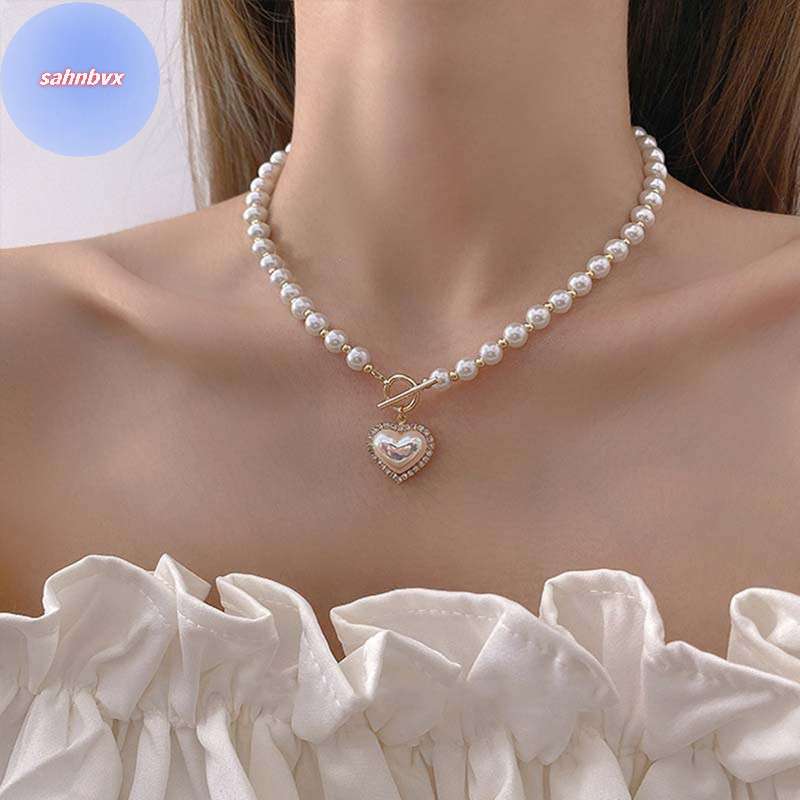 SABVX Colar De Pérolas Elegante Coreano De Jóias Ladies Rhinestone Shell Heart Pendant BR