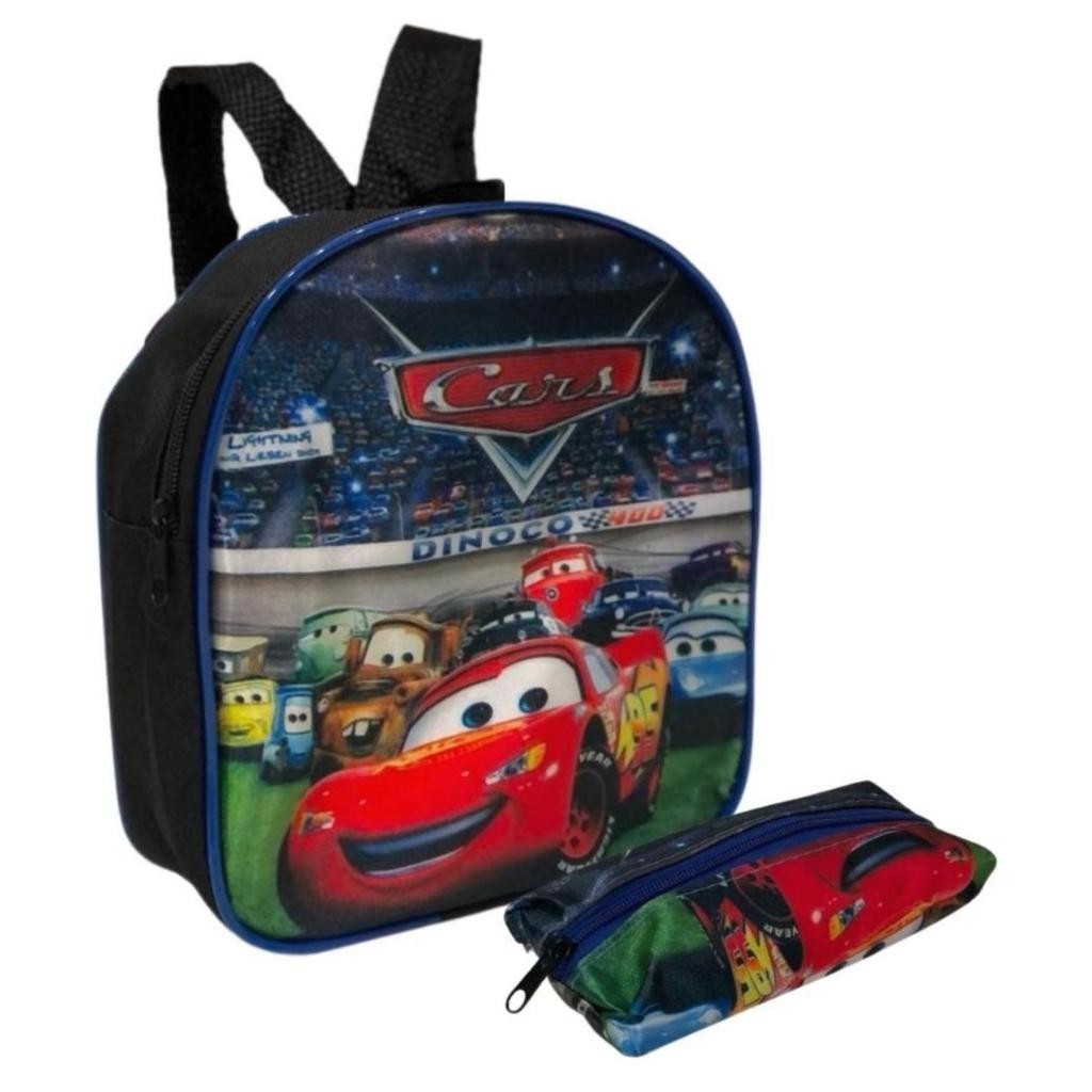 Lancheira e Estojo Infantil Escolar Para Meninos Modelo Carros Kit Escolar Com Alças e Resistente