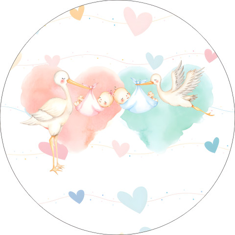 NOVO Painel Festa Infantil Redondo Chá Revelação Cegonhas, Babys Fofos, Aquarela Azul e Rosa + Arco, Suporte incluso. Fazemos personalizado com qualquer tema. Confeccionado em Lona fosca, impressão de alta resolução. cenário , p/ Decoração