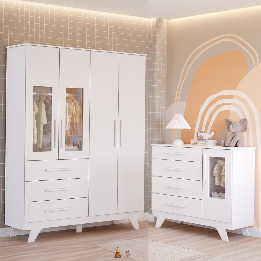 Quarto Bebê Retrô Janelado Completo Guarda Roupa 4 Portas 3 Gavetas Cômoda 4 Gavetas 1 Porta 100%MDF em Oferta na Shopee