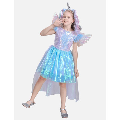 Fantasia Uniconio Infantil Vestido Luxo Metalizada Tiara Asa