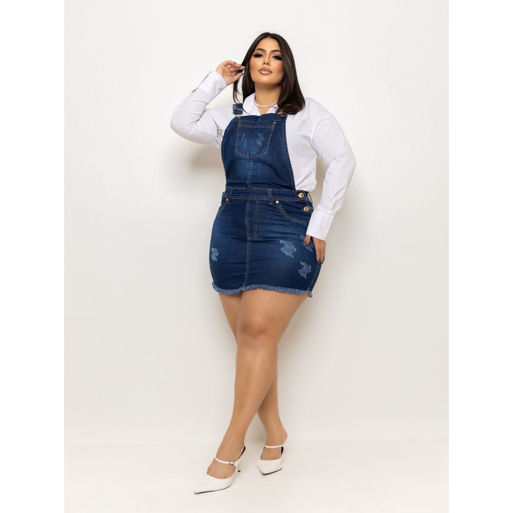 Macacão Jardineira saia jeans feminina plus size c/ Lycra