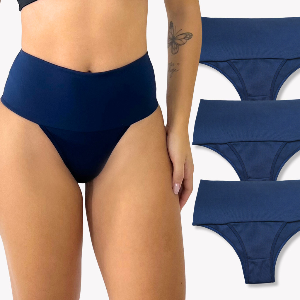 Kit 3 Calcinha Modeladora Cós Alto Reforçado Azul Rupee