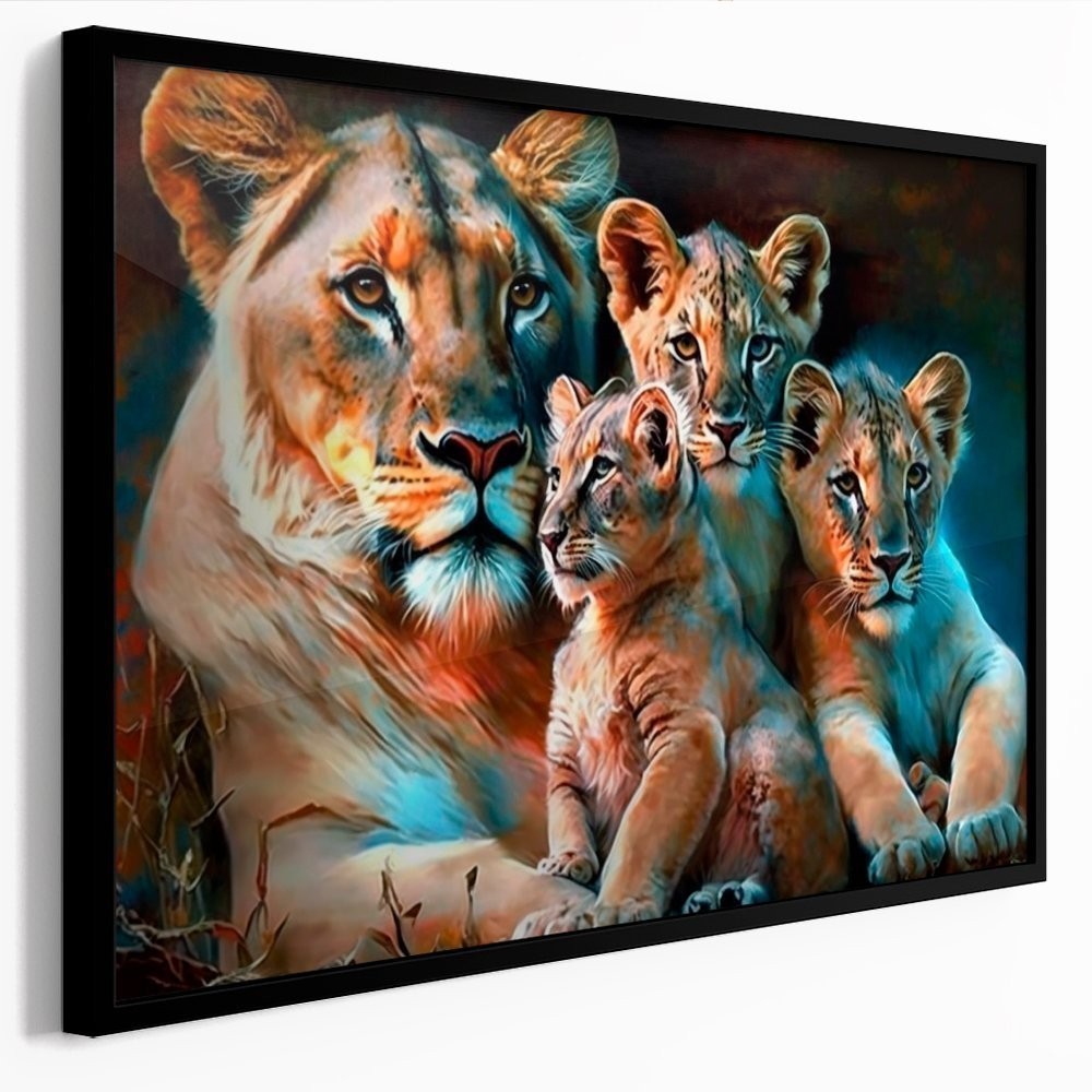 Quadro Decorativo 110x80cm Família de Leões Leoa Seu 3 Filhotes Sala Quarto Hall Casa Decoração De Parede Mdf Adesivo