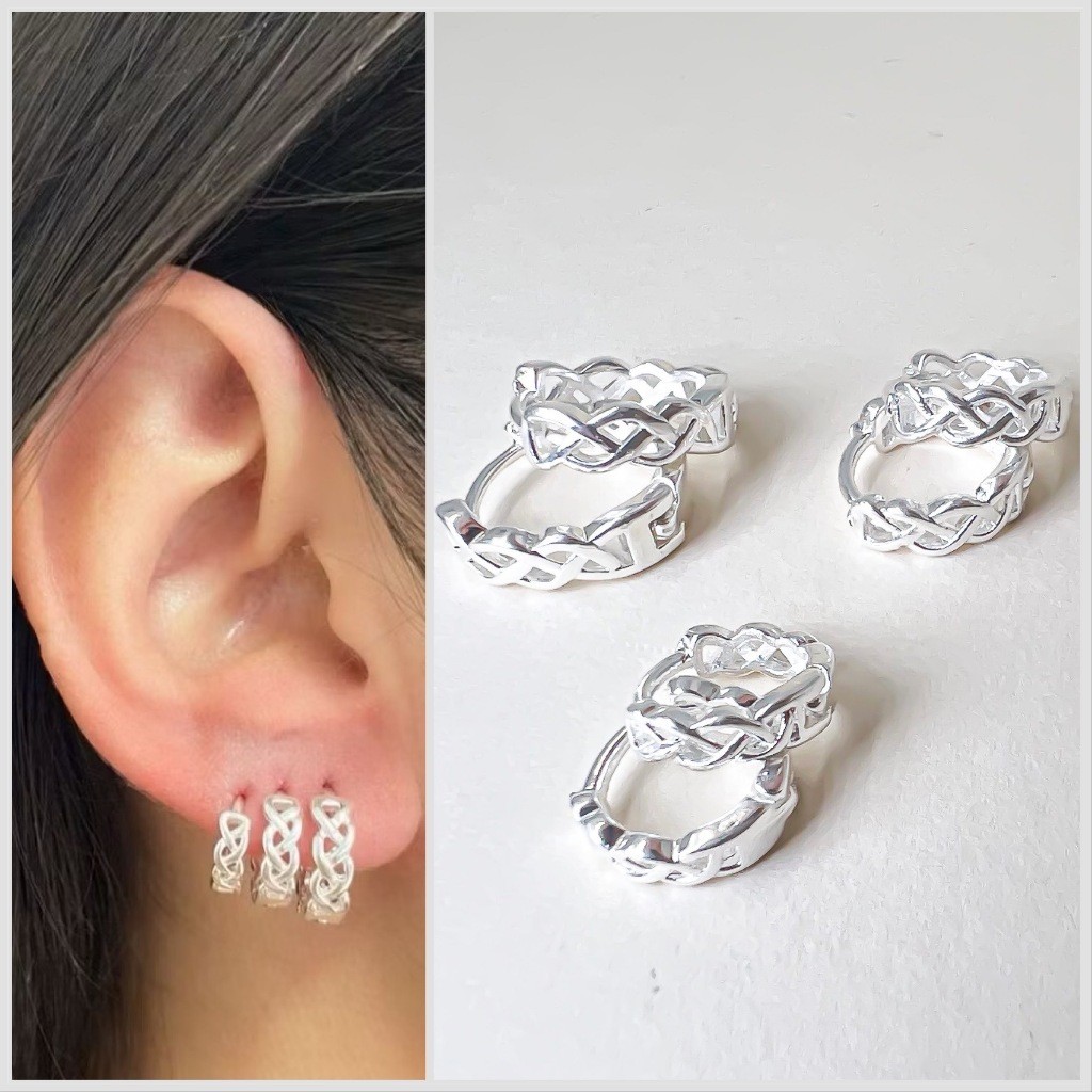 Trio Argola TRANÇADA prata folheado prata 925 banhado antialérgico semi joia hipoalergênico em Oferta na Shopee