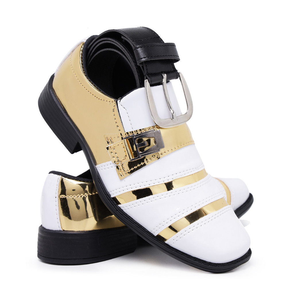 Kit Sapato Social Infantil Masculino 443 Com Cinto Branco Dourado Pajem Bico Quadrado Promoção Casamento Novidade