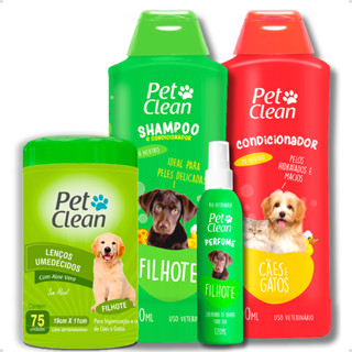 Kit Banho Pet Shop Shampoo Filhotes + Creme Condicionador + Perfume + Lenço Filhote Pet Clean em Oferta na Shopee